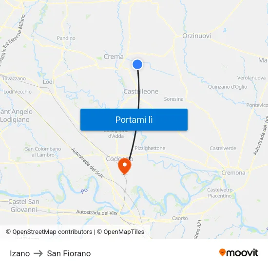 Izano to San Fiorano map