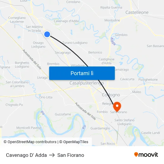 Cavenago D' Adda to San Fiorano map