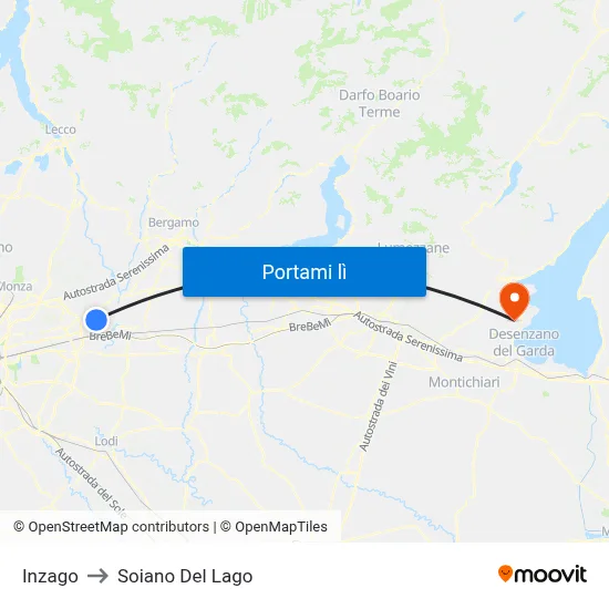 Inzago to Soiano Del Lago map