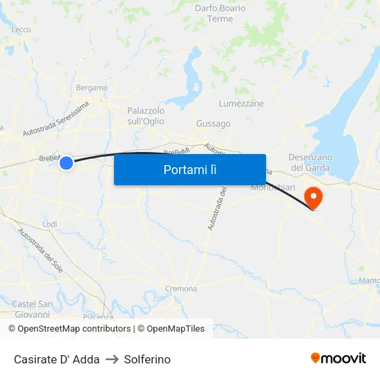 Casirate D' Adda to Solferino map
