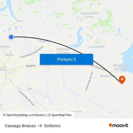 Cassago Brianza to Solferino map