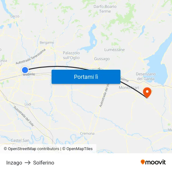 Inzago to Solferino map