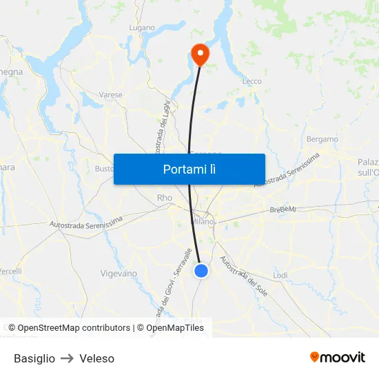 Basiglio to Veleso map