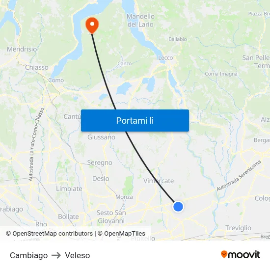 Cambiago to Veleso map