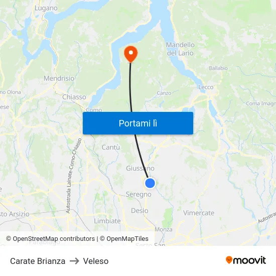 Carate Brianza to Veleso map