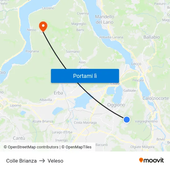 Colle Brianza to Veleso map