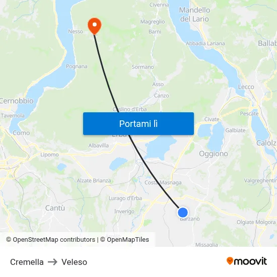 Cremella to Veleso map
