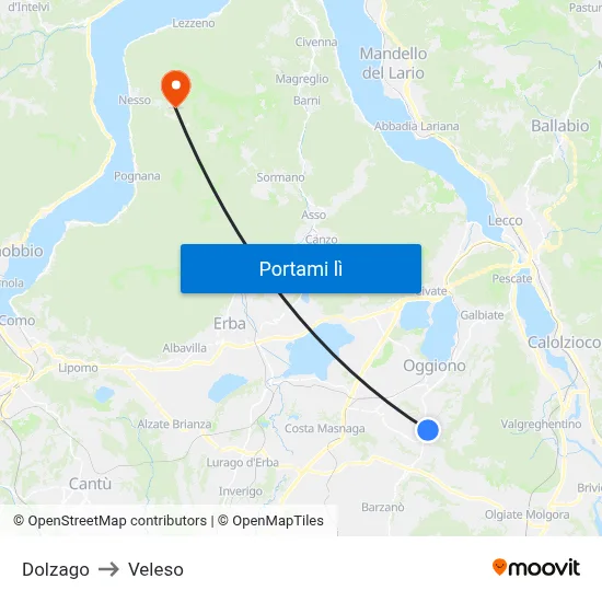 Dolzago to Veleso map