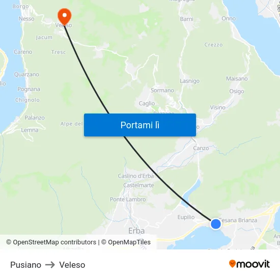 Pusiano to Veleso map