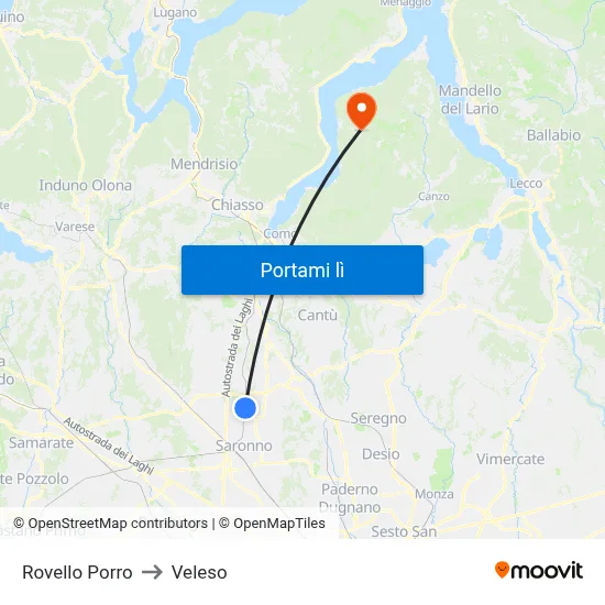 Rovello Porro to Veleso map