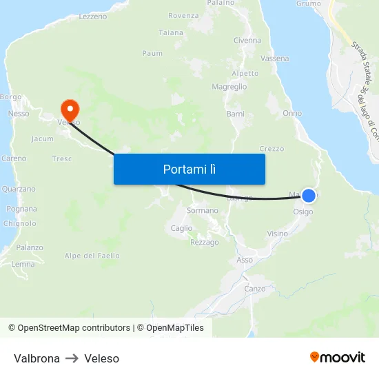 Valbrona to Veleso map