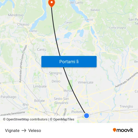 Vignate to Veleso map