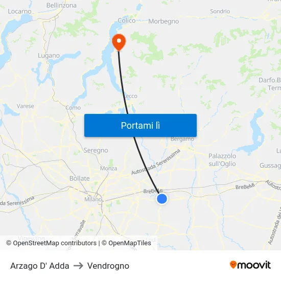 Arzago D' Adda to Vendrogno map