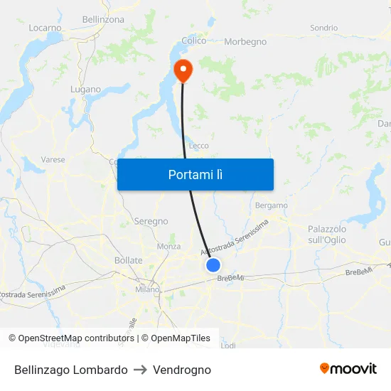 Bellinzago Lombardo to Vendrogno map