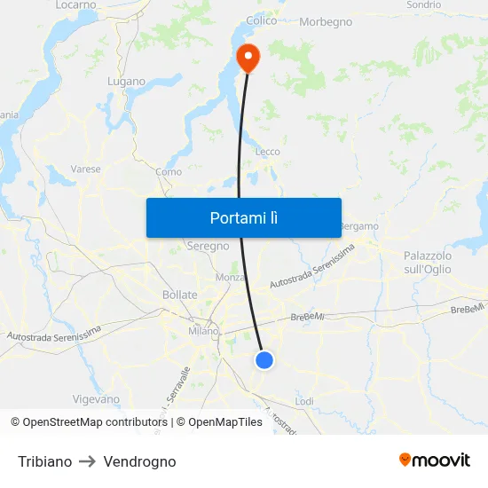 Tribiano to Vendrogno map