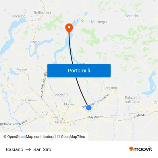 Basiano to San Siro map
