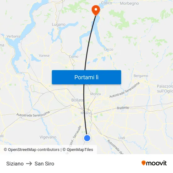 Siziano to San Siro map