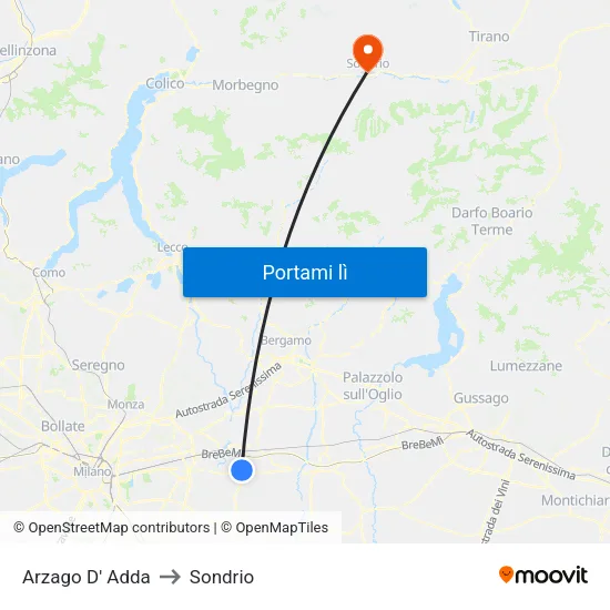 Arzago D' Adda to Sondrio map
