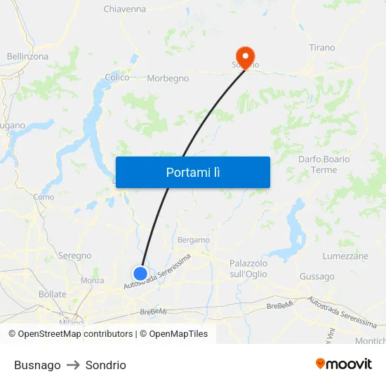 Busnago to Sondrio map