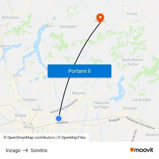 Inzago to Sondrio map