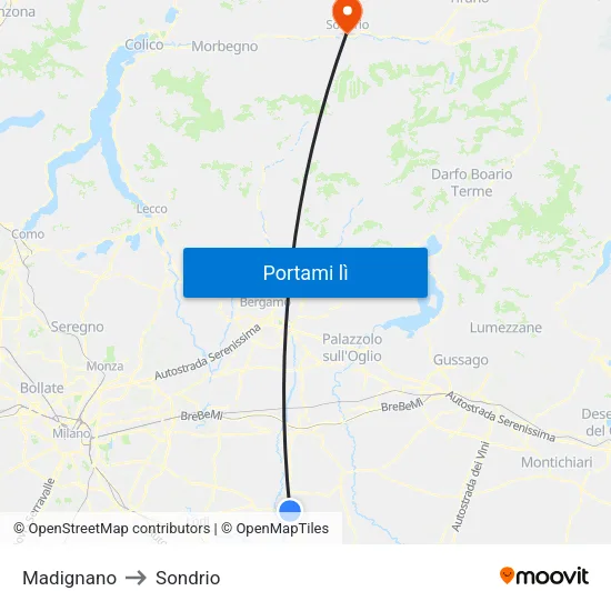 Madignano to Sondrio map