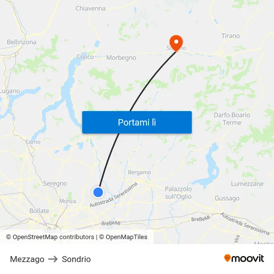 Mezzago to Sondrio map