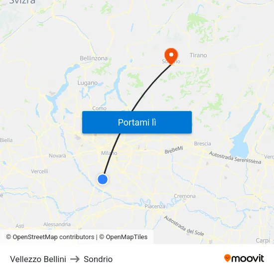 Vellezzo Bellini to Sondrio map