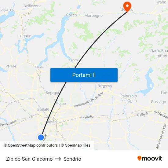 Zibido San Giacomo to Sondrio map