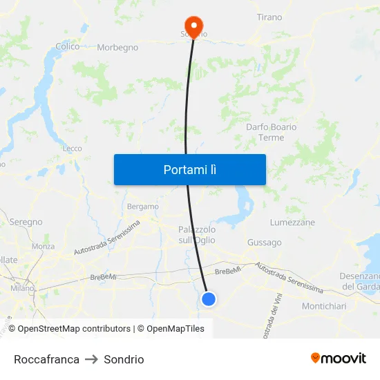 Roccafranca to Sondrio map
