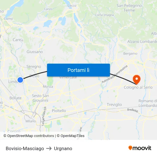 Bovisio-Masciago to Urgnano map