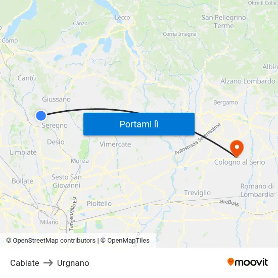 Cabiate to Urgnano map