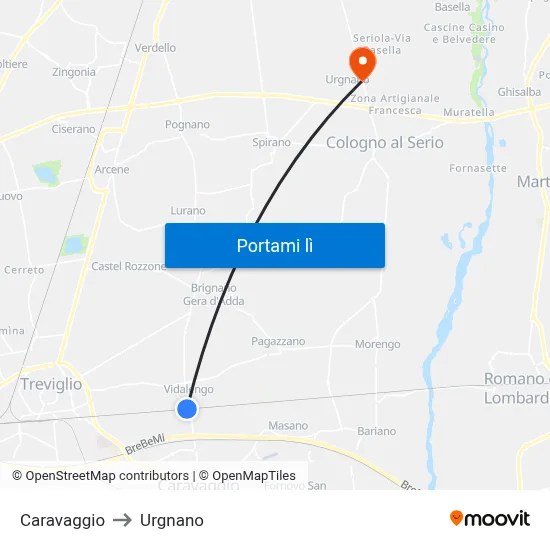 Caravaggio to Urgnano map
