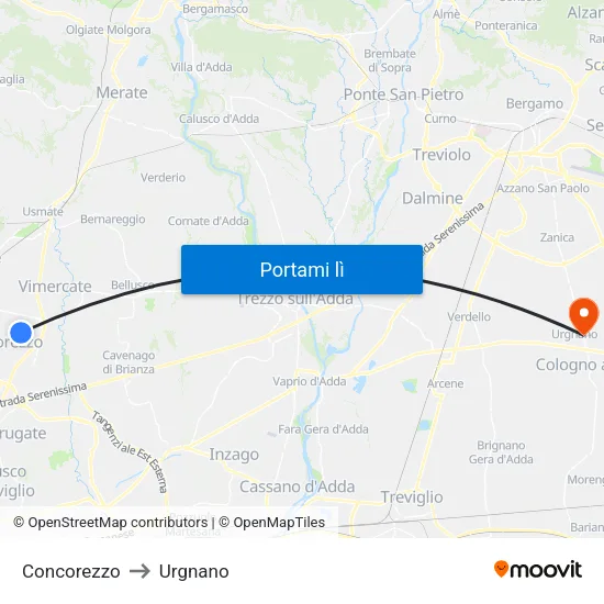 Concorezzo to Urgnano map