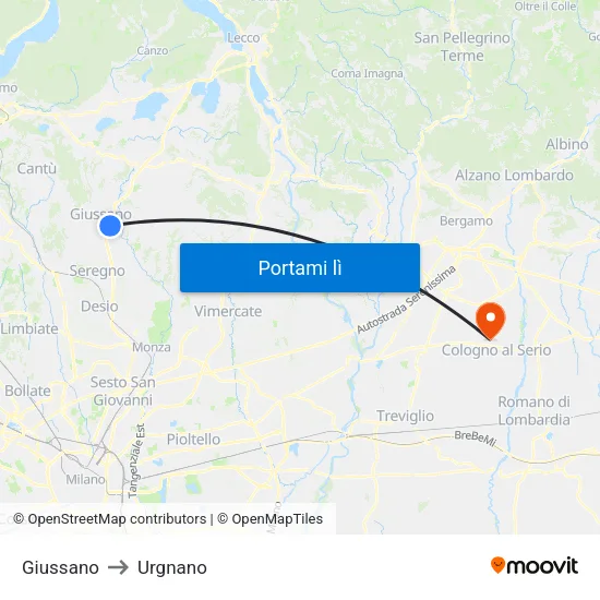 Giussano to Urgnano map