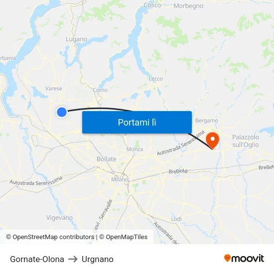 Gornate-Olona to Urgnano map