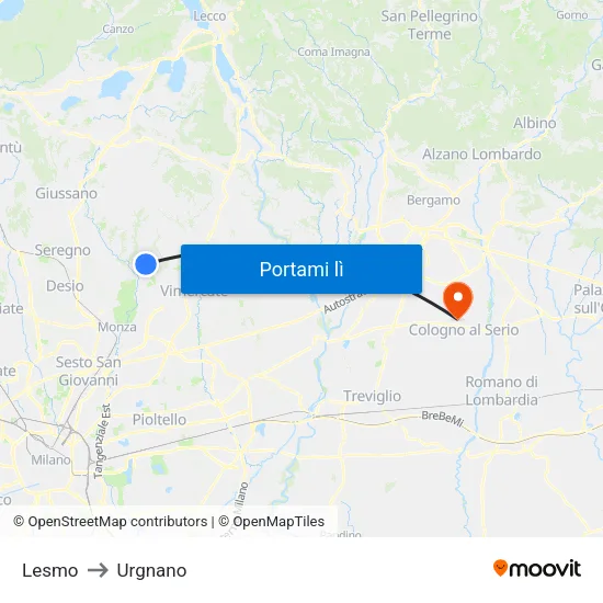 Lesmo to Urgnano map