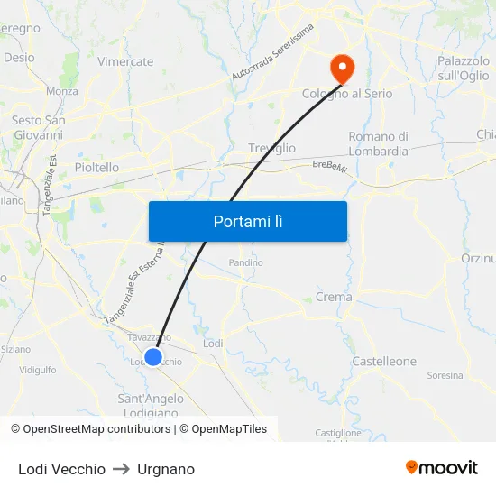 Lodi Vecchio to Urgnano map