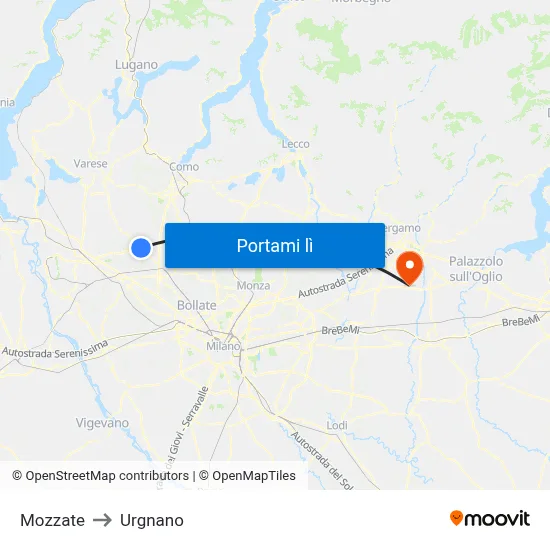 Mozzate to Urgnano map