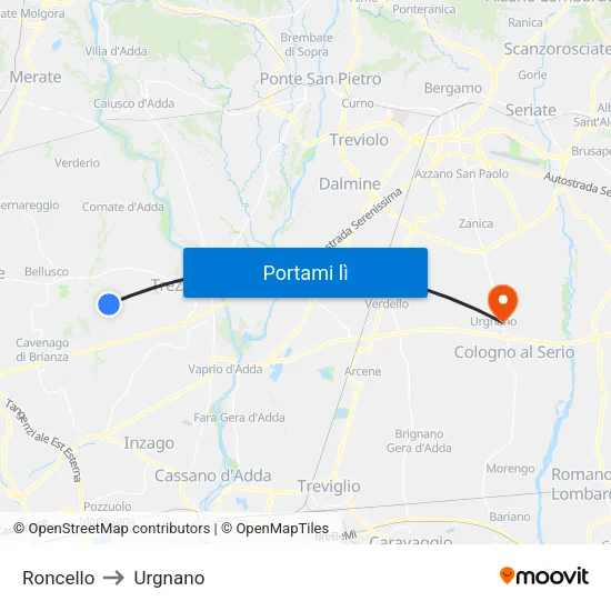 Roncello to Urgnano map