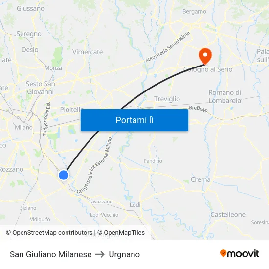 San Giuliano Milanese to Urgnano map