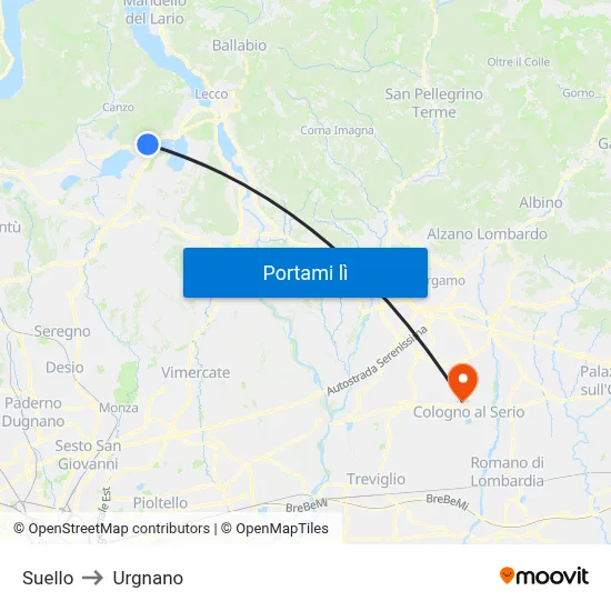 Suello to Urgnano map