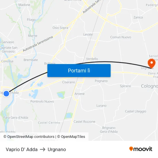 Vaprio D' Adda to Urgnano map