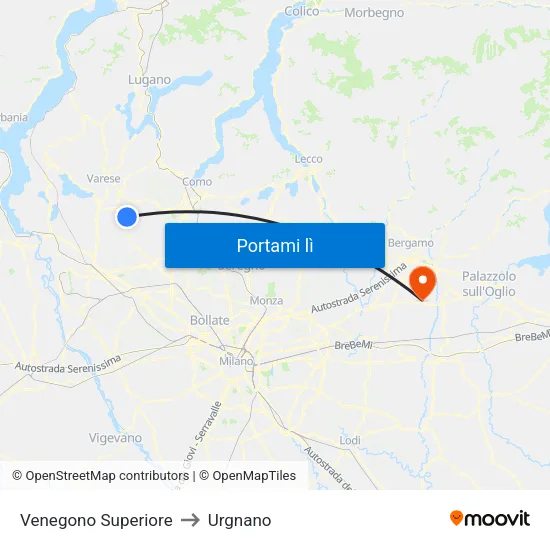 Venegono Superiore to Urgnano map