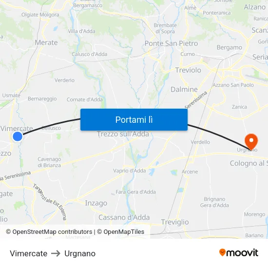 Vimercate to Urgnano map