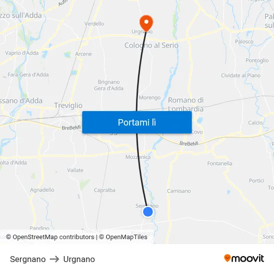 Sergnano to Urgnano map
