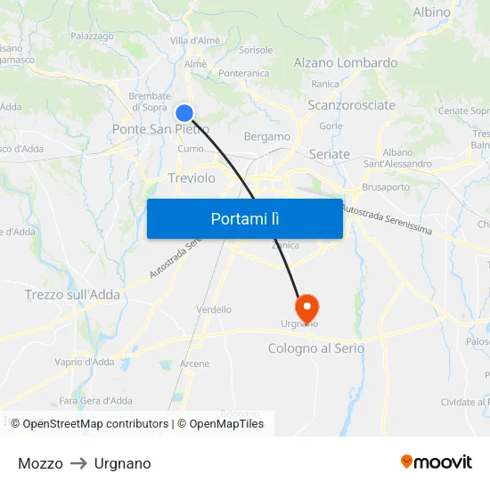 Mozzo to Urgnano map
