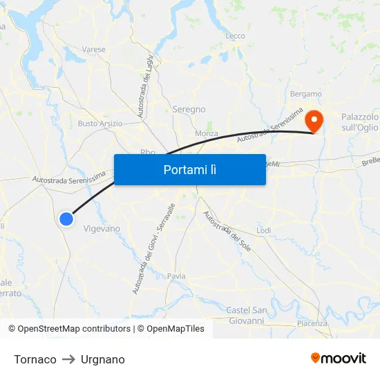 Tornaco to Urgnano map