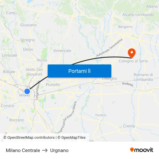 Milano Centrale to Urgnano map