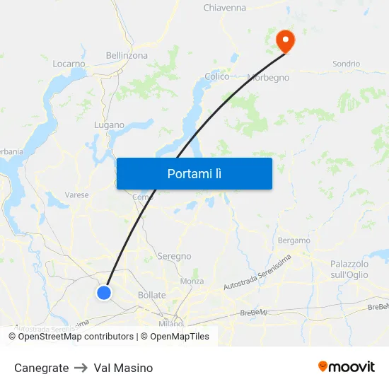 Canegrate to Val Masino map