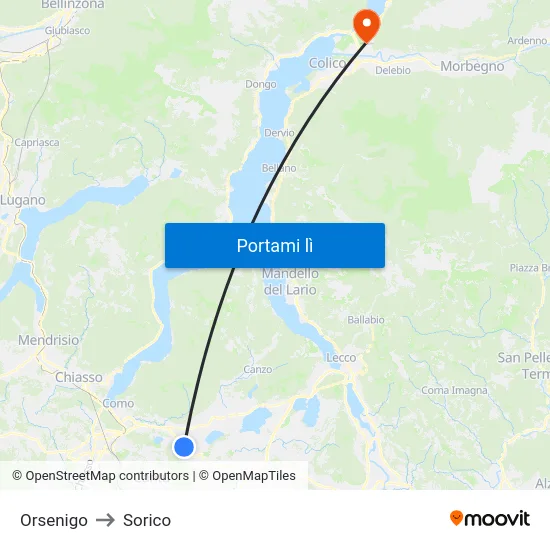 Orsenigo to Sorico map